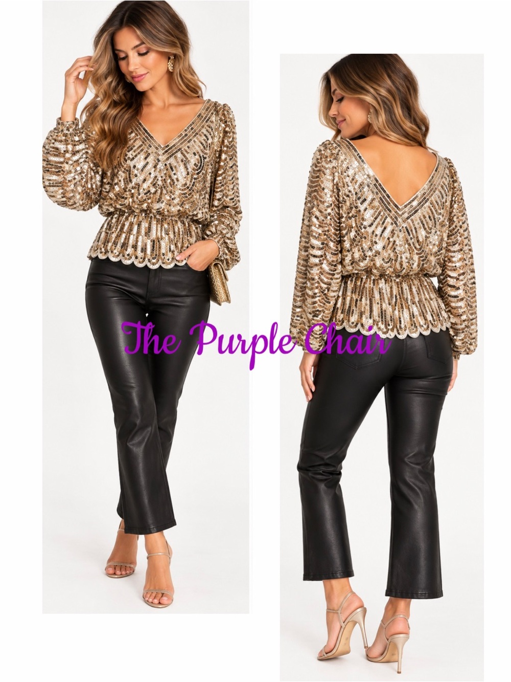 ENDLESS ROSE New With Tags Gold Sequin Long Sleeve V-Back Peplum Top Size XS